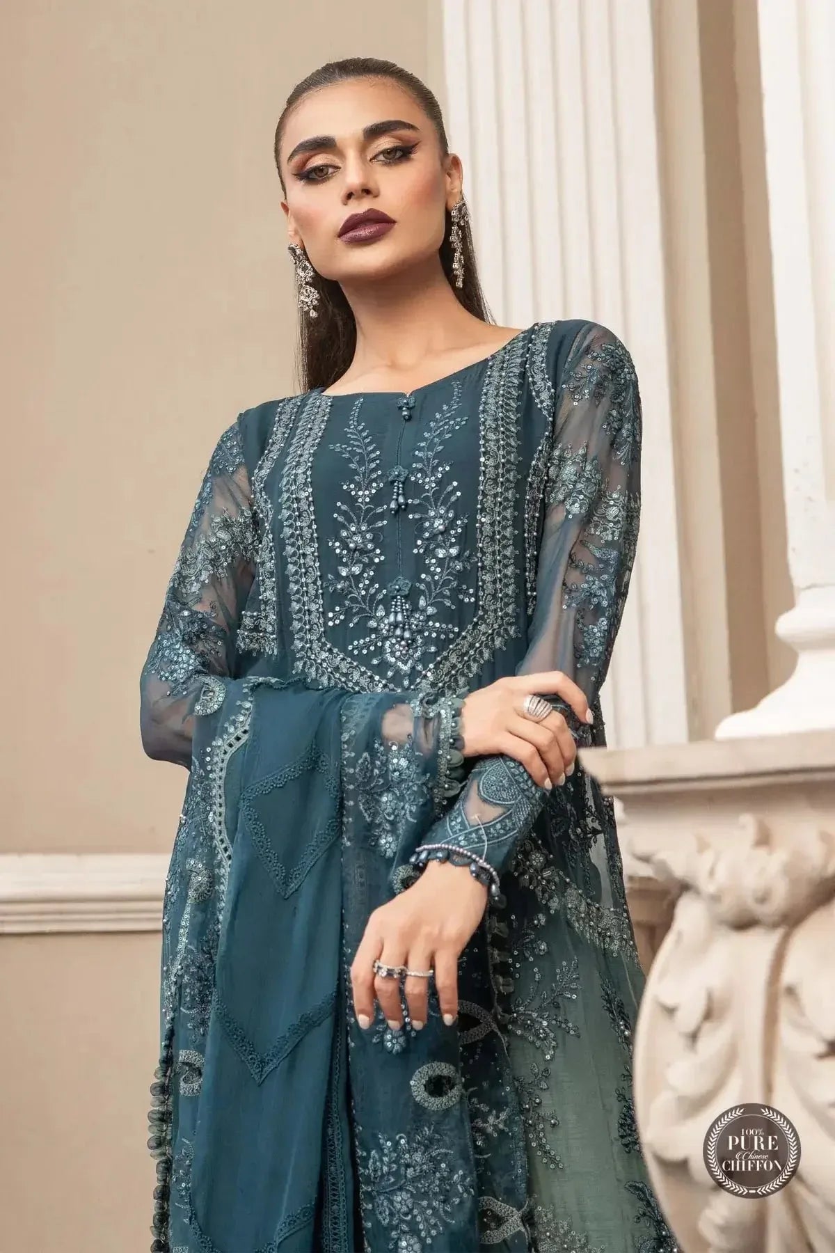 Maria B | Luxury Chiffon Collection | Teal Blue - Rang-e-Khaas