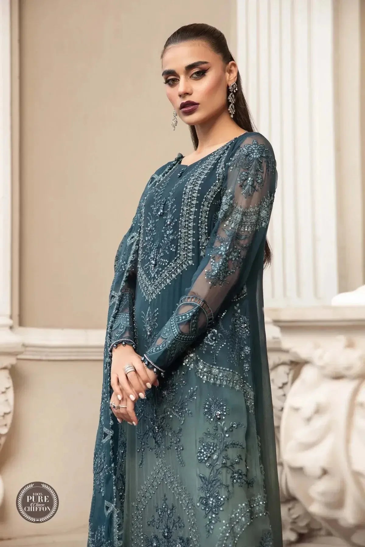 Maria B | Luxury Chiffon Collection | Teal Blue - Rang-e-Khaas