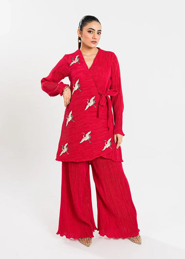 Maria Osama Khan | Claire Pleated Silk | Scarlet - Rang-e-Khaas