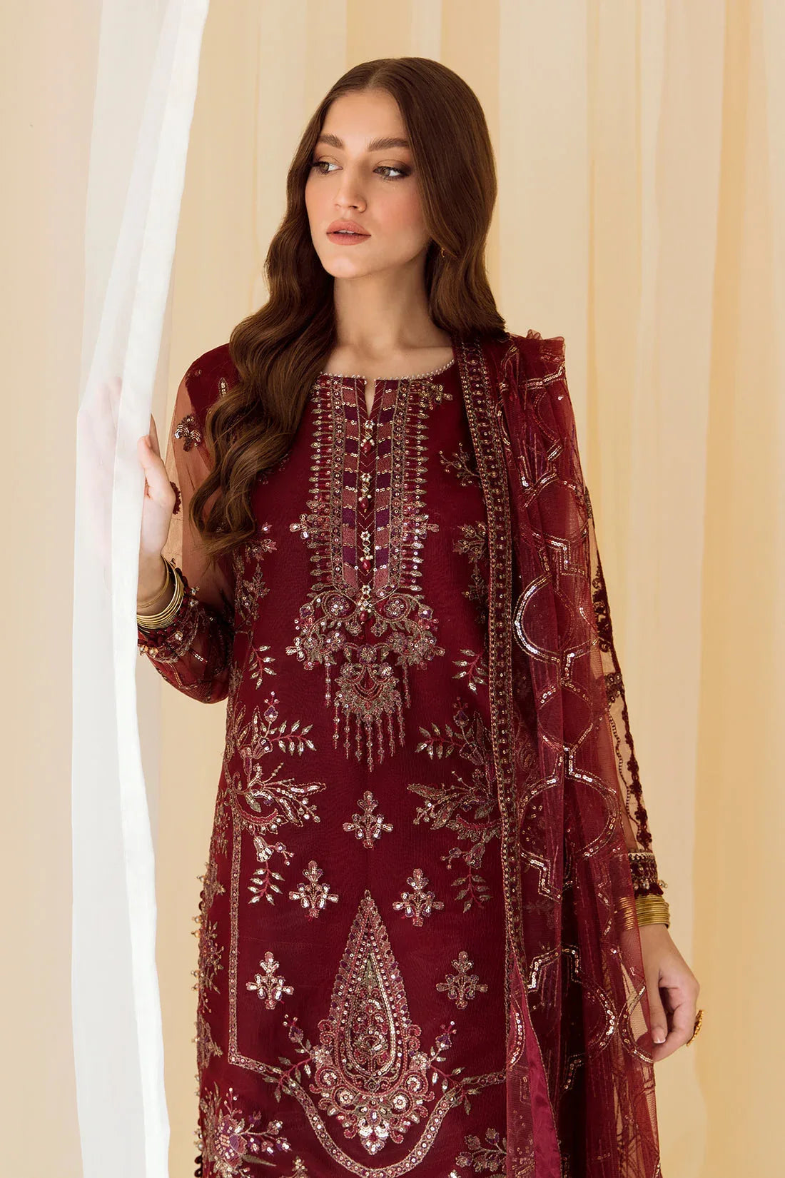 Alizeh | Formals Collection | Embroidered Net Maroon - V14D08 - Raya - Rang-e-Khaas