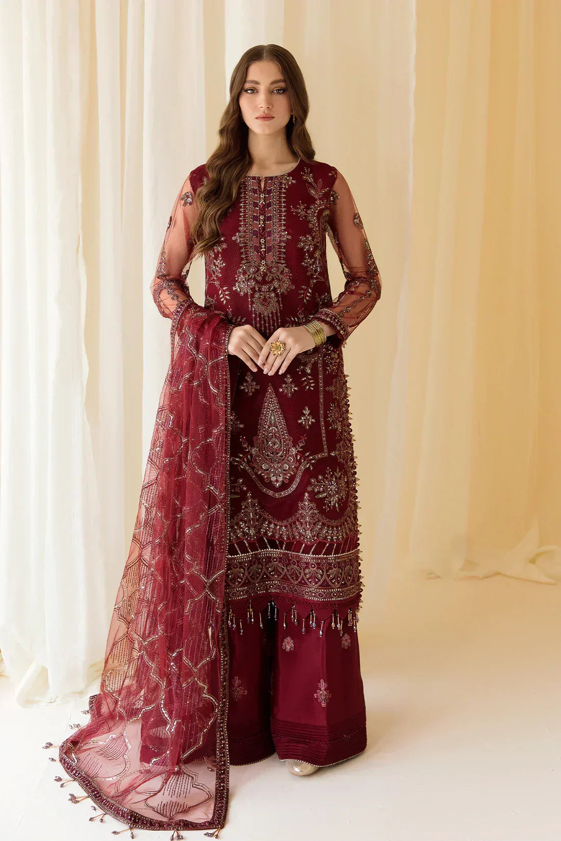 Alizeh | Formals Collection | Embroidered Net Maroon - V14D08 - Raya - Rang-e-Khaas