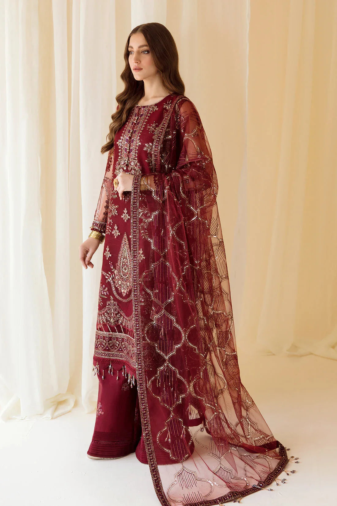 Alizeh | Formals Collection | Embroidered Net Maroon - V14D08 - Raya - Rang-e-Khaas