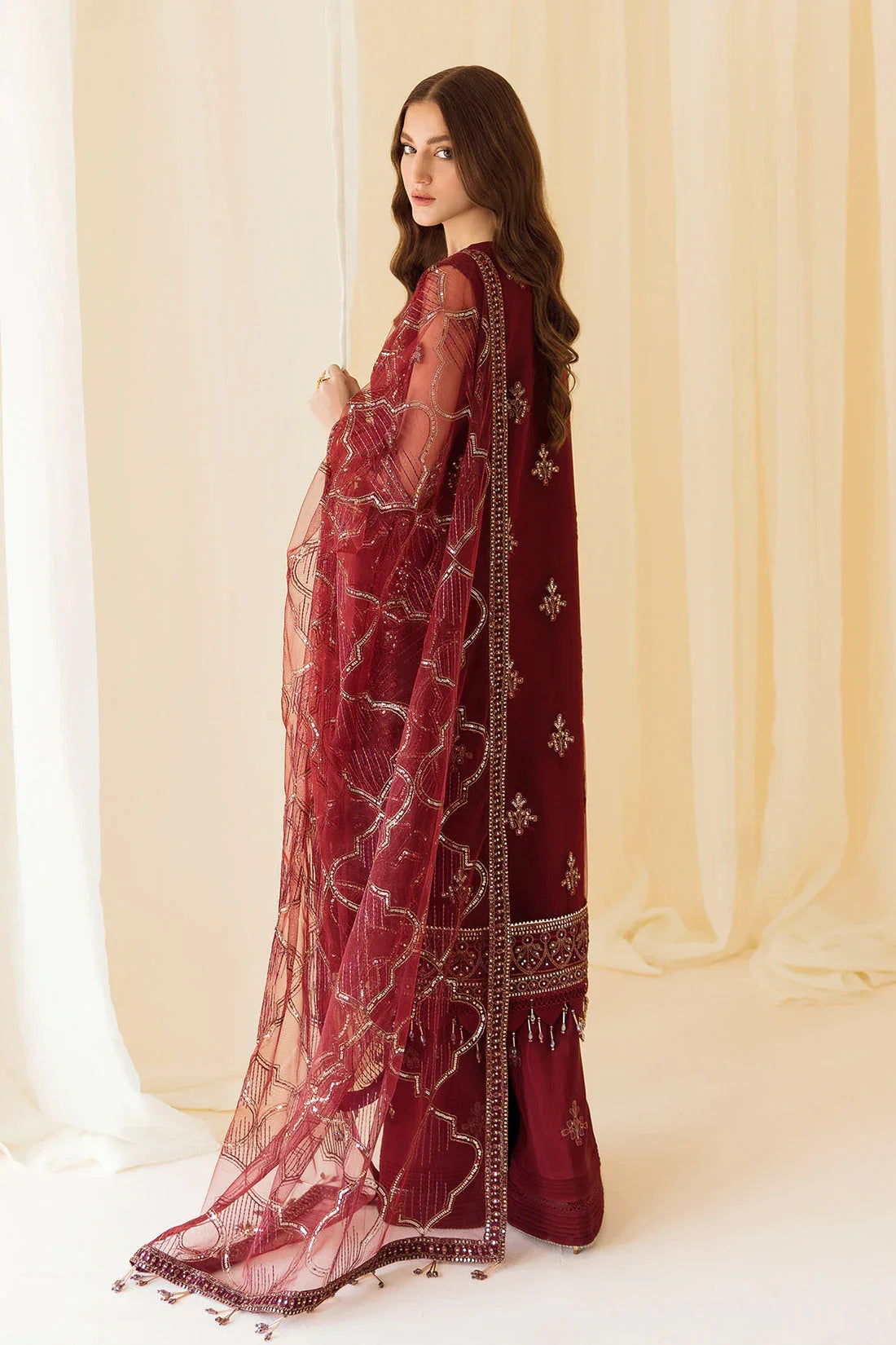 Alizeh | Formals Collection | Embroidered Net Maroon - V14D08 - Raya - Rang-e-Khaas