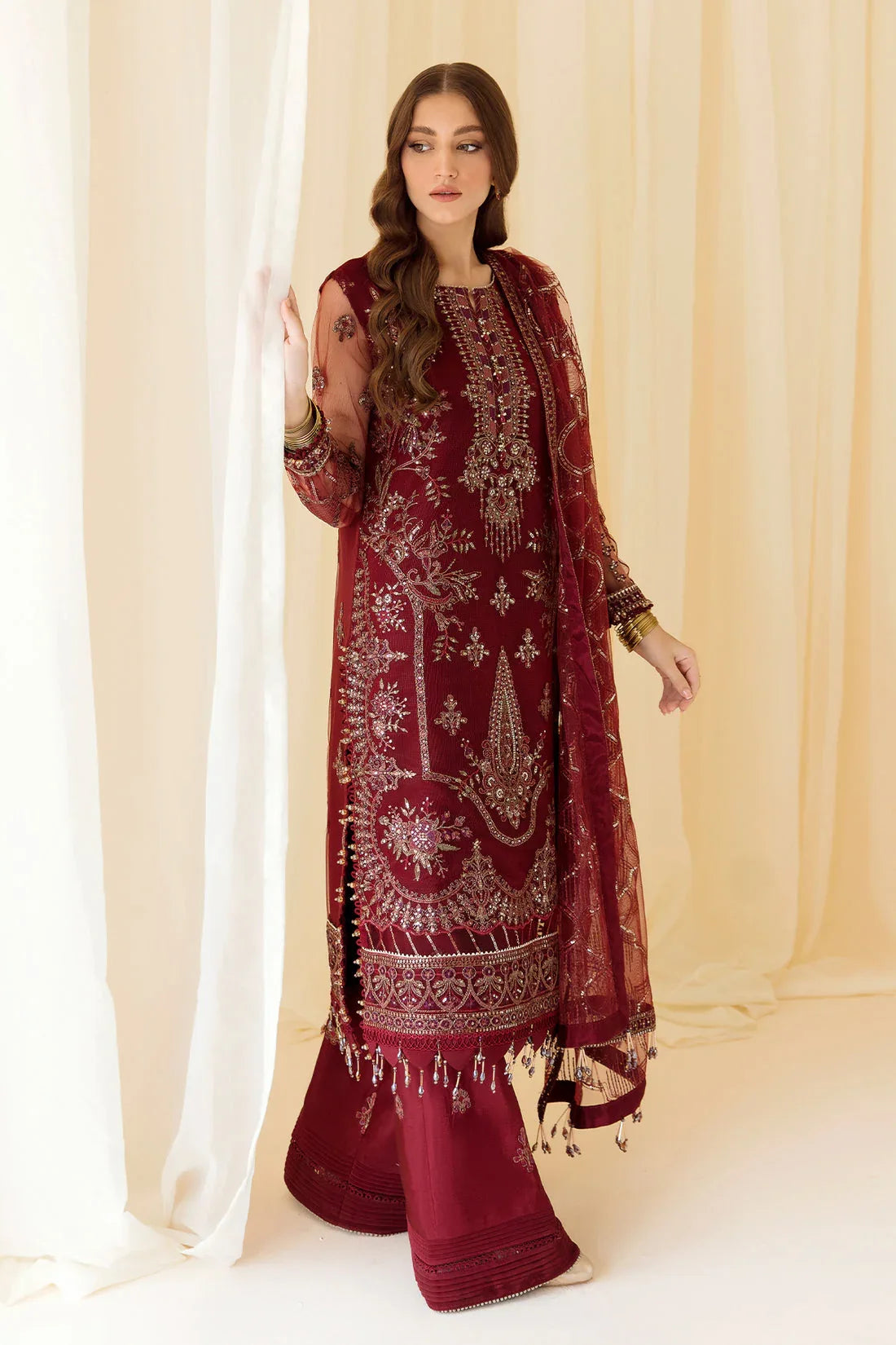 Alizeh | Formals Collection | Embroidered Net Maroon - V14D08 - Raya - Rang-e-Khaas