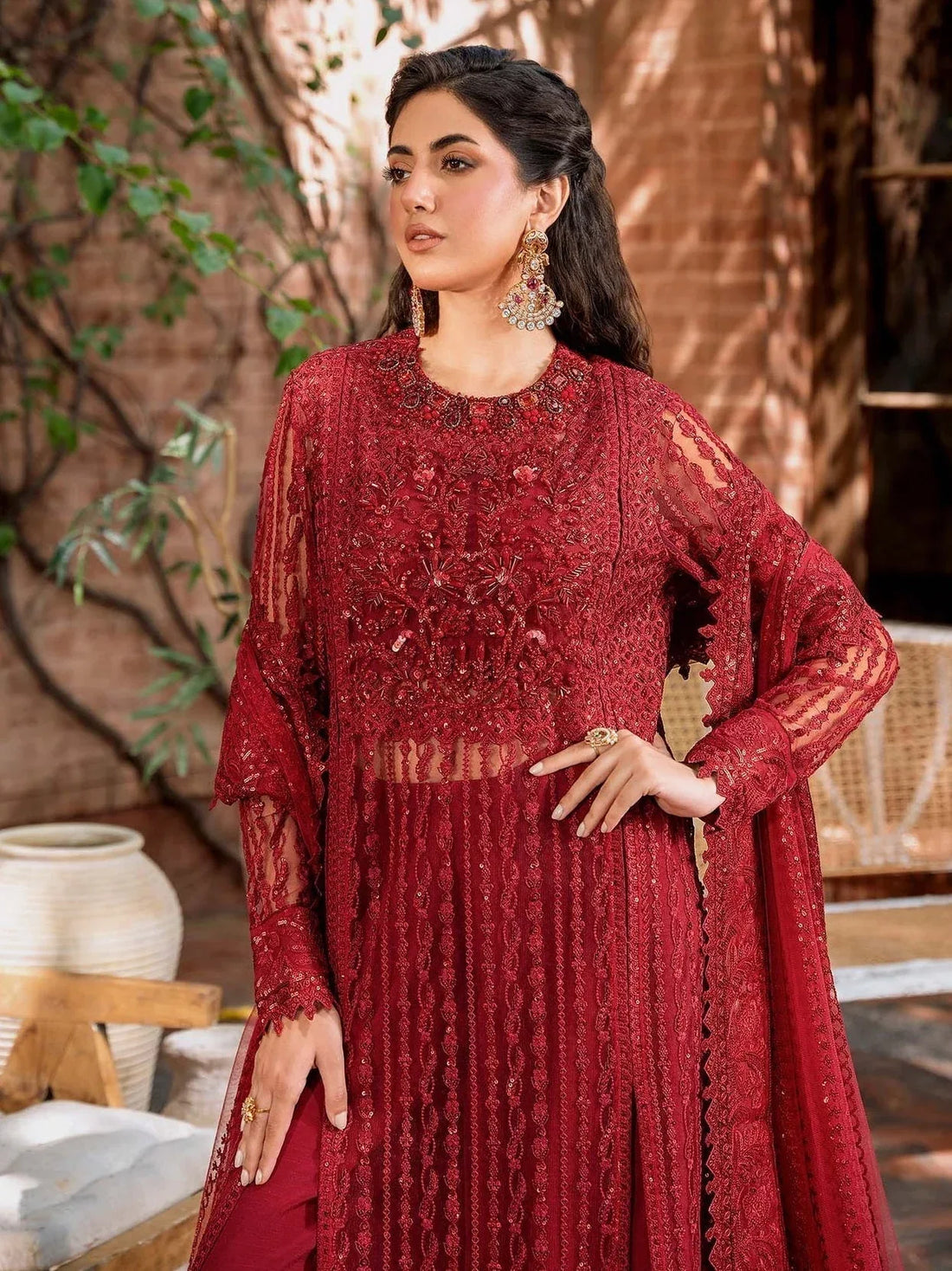 Akbar Aslam Mastani Embroidered Net 3Pc Suit - GUL MOHR - Rang-e-Khaas