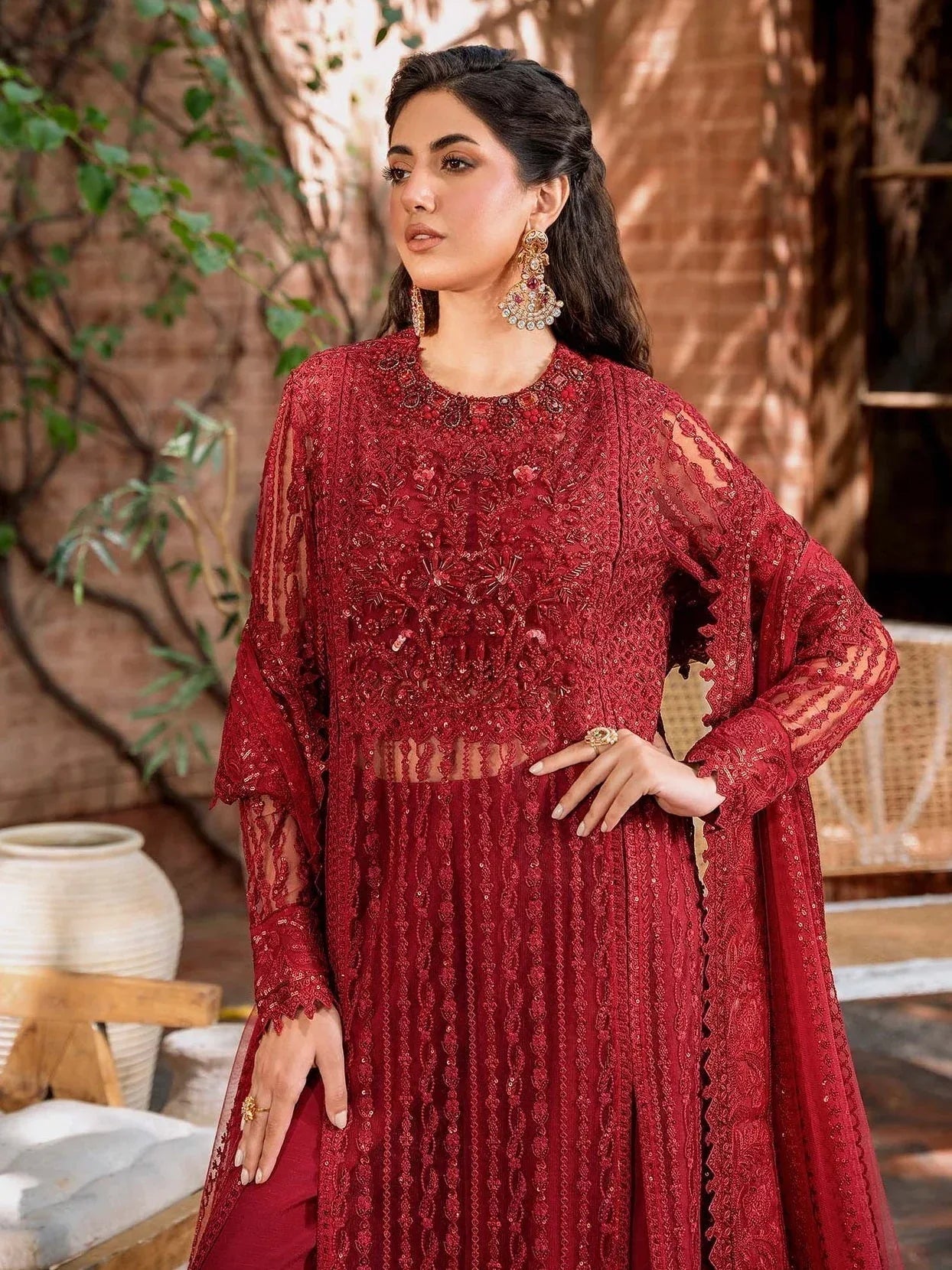 Akbar Aslam Mastani Embroidered Net 3Pc Suit - GUL MOHR - Rang-e-Khaas