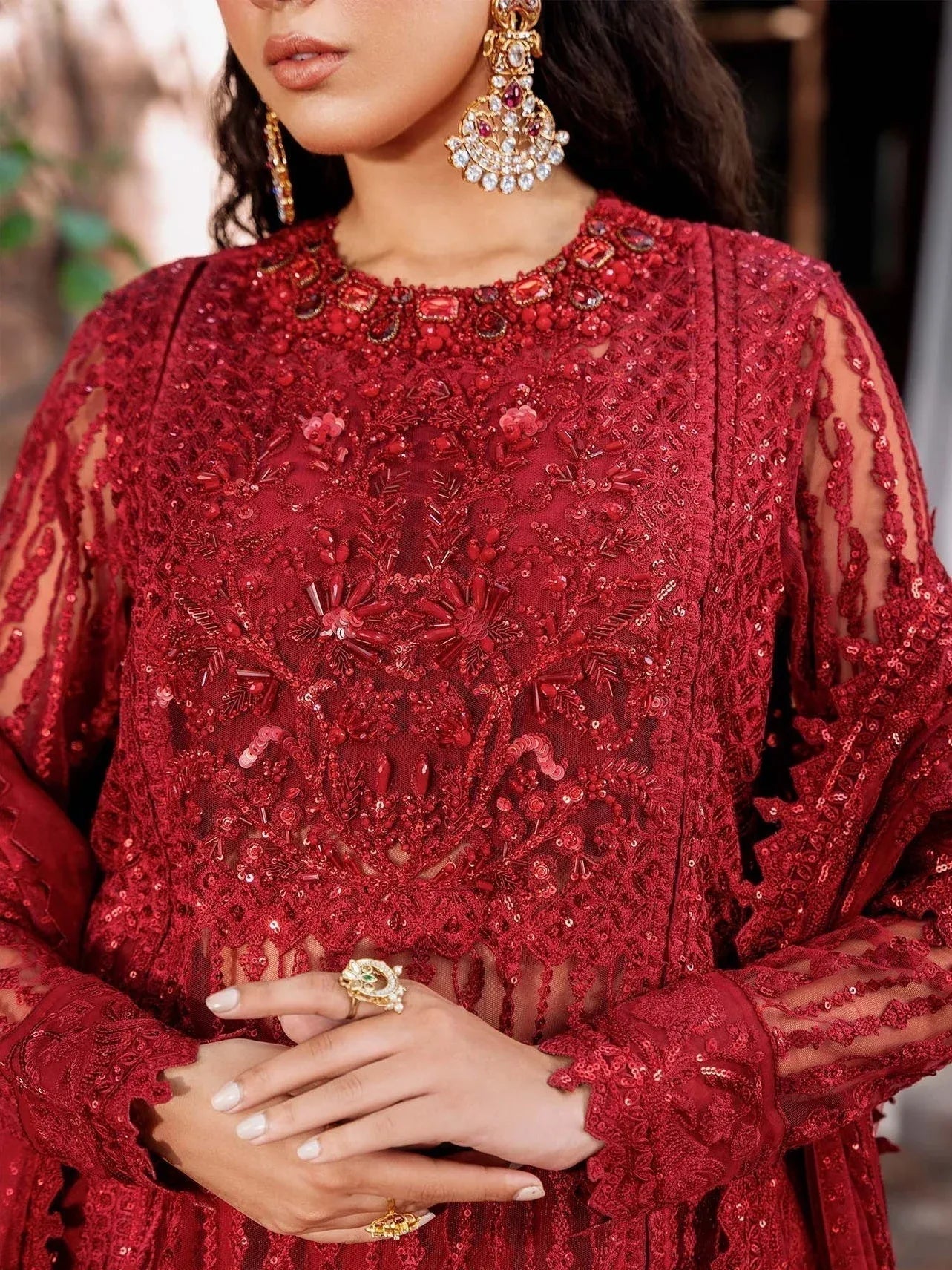 Akbar Aslam Mastani Embroidered Net 3Pc Suit - GUL MOHR - Rang-e-Khaas