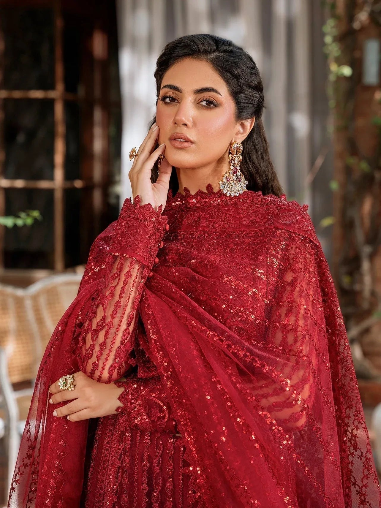 Akbar Aslam Mastani Embroidered Net 3Pc Suit - GUL MOHR - Rang-e-Khaas
