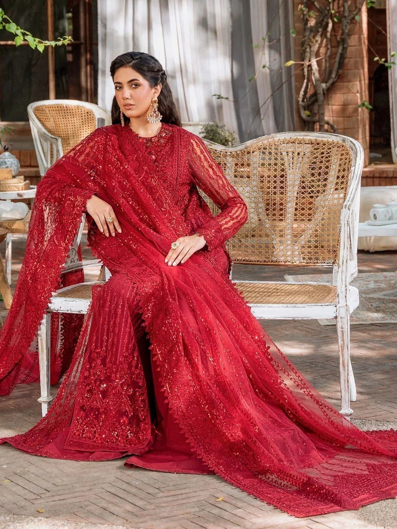Akbar Aslam Mastani Embroidered Net 3Pc Suit - GUL MOHR - Rang-e-Khaas