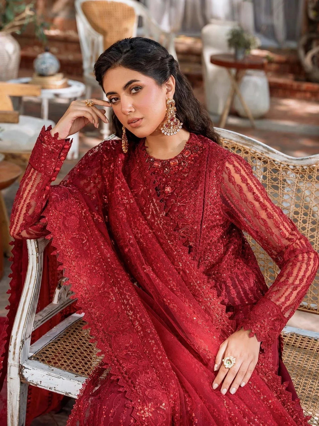 Akbar Aslam Mastani Embroidered Net 3Pc Suit - GUL MOHR - Rang-e-Khaas
