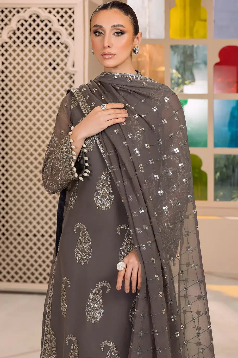 Alizeh | Dua Formals 23 | DUA-V01D06B- AMAYA ( GREY ) - Rang-e-Khaas