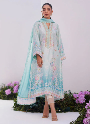 Farah Talib Aziz | Zaza Prints 24 | CYAN OMBRE SHIRT AND DUPATTA - Rang-e-Khaas