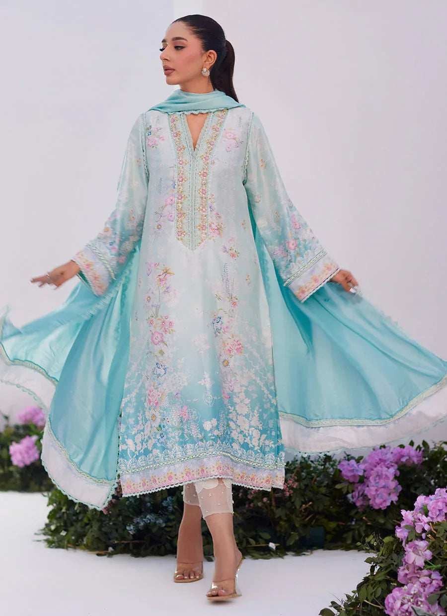 Farah Talib Aziz | Zaza Prints 24 | CYAN OMBRE SHIRT AND DUPATTA - Rang-e-Khaas