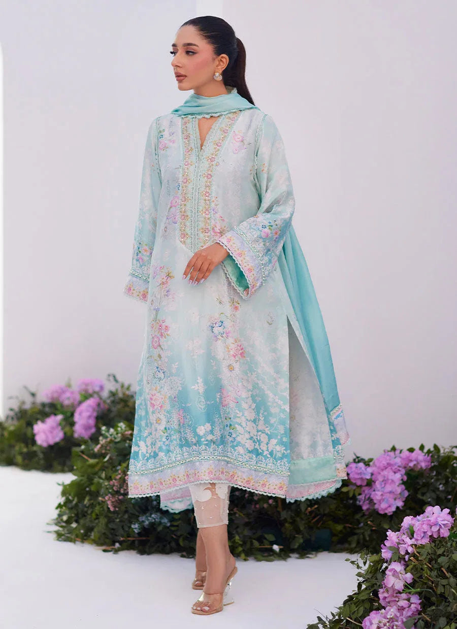 Farah Talib Aziz | Zaza Prints 24 | CYAN OMBRE SHIRT AND DUPATTA - Rang-e-Khaas