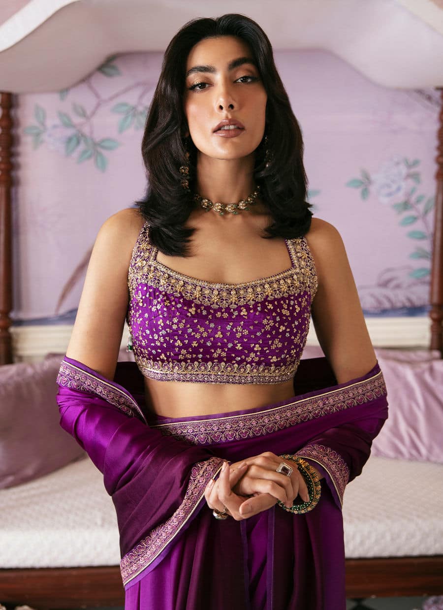 Farah Talib Aziz | Mayna Festive Luxe | AIGUL AUBERGINE SAREE - Rang-e-Khaas