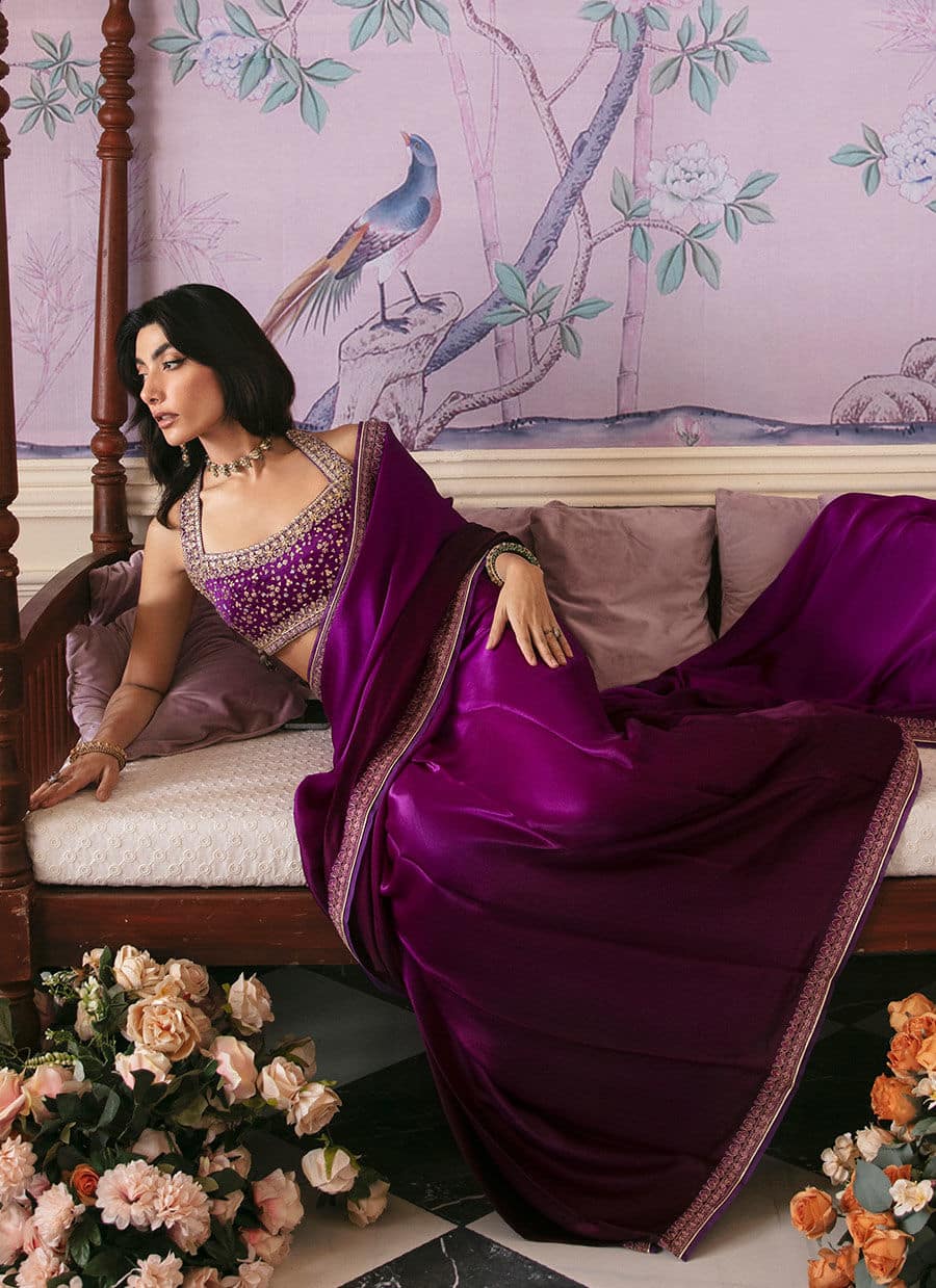 Farah Talib Aziz | Mayna Festive Luxe | AIGUL AUBERGINE SAREE - Rang-e-Khaas