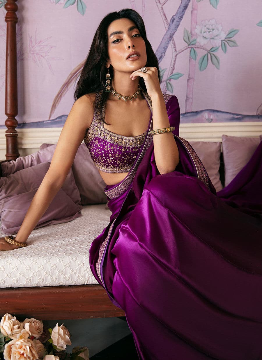 Farah Talib Aziz | Mayna Festive Luxe | AIGUL AUBERGINE SAREE - Rang-e-Khaas