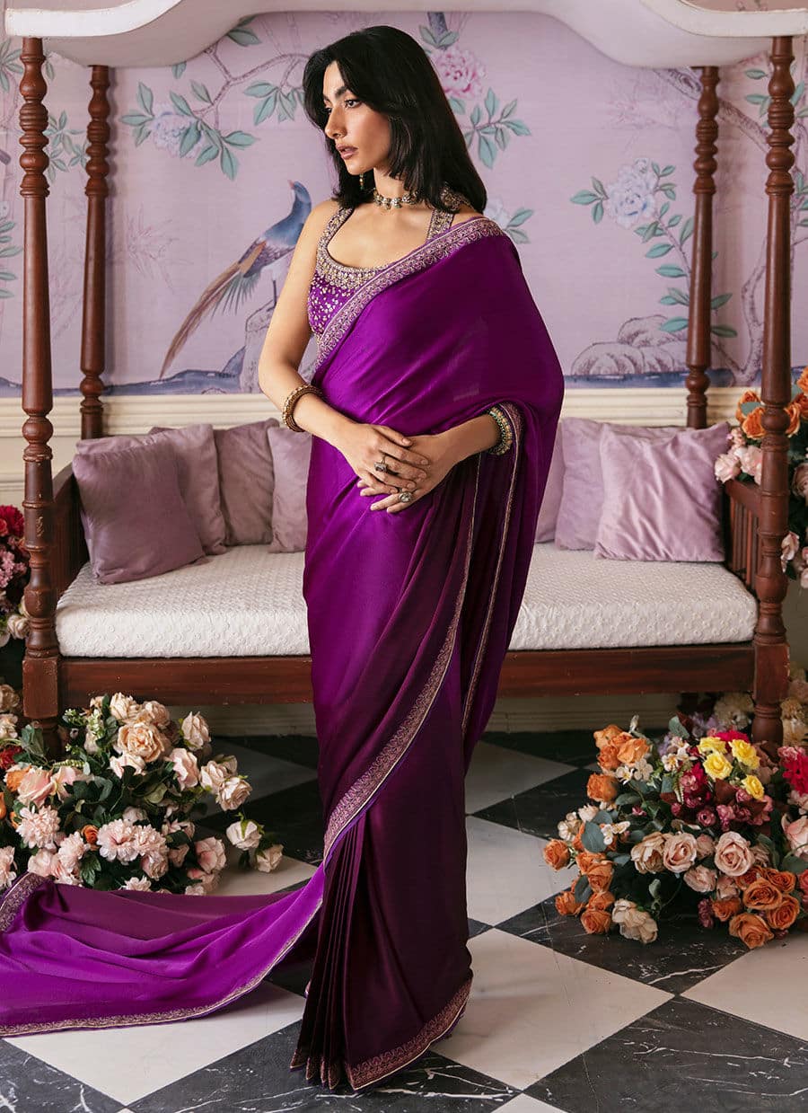 Farah Talib Aziz | Mayna Festive Luxe | AIGUL AUBERGINE SAREE - Rang-e-Khaas