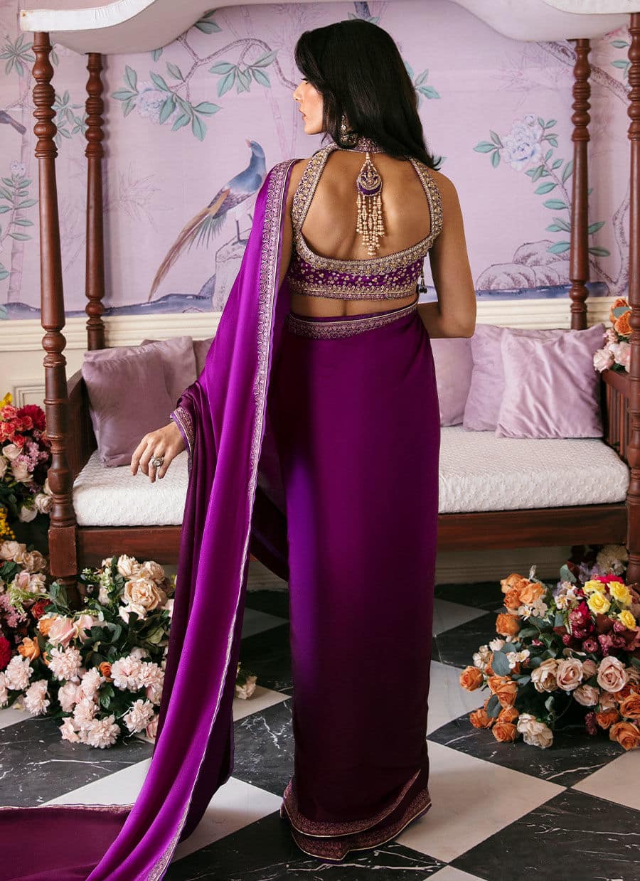 Farah Talib Aziz | Mayna Festive Luxe | AIGUL AUBERGINE SAREE - Rang-e-Khaas