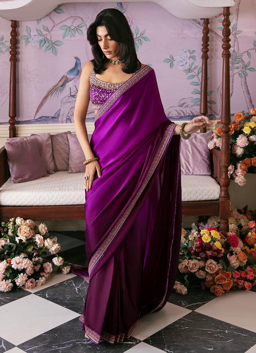 Farah Talib Aziz | Mayna Festive Luxe | AIGUL AUBERGINE SAREE - Rang-e-Khaas